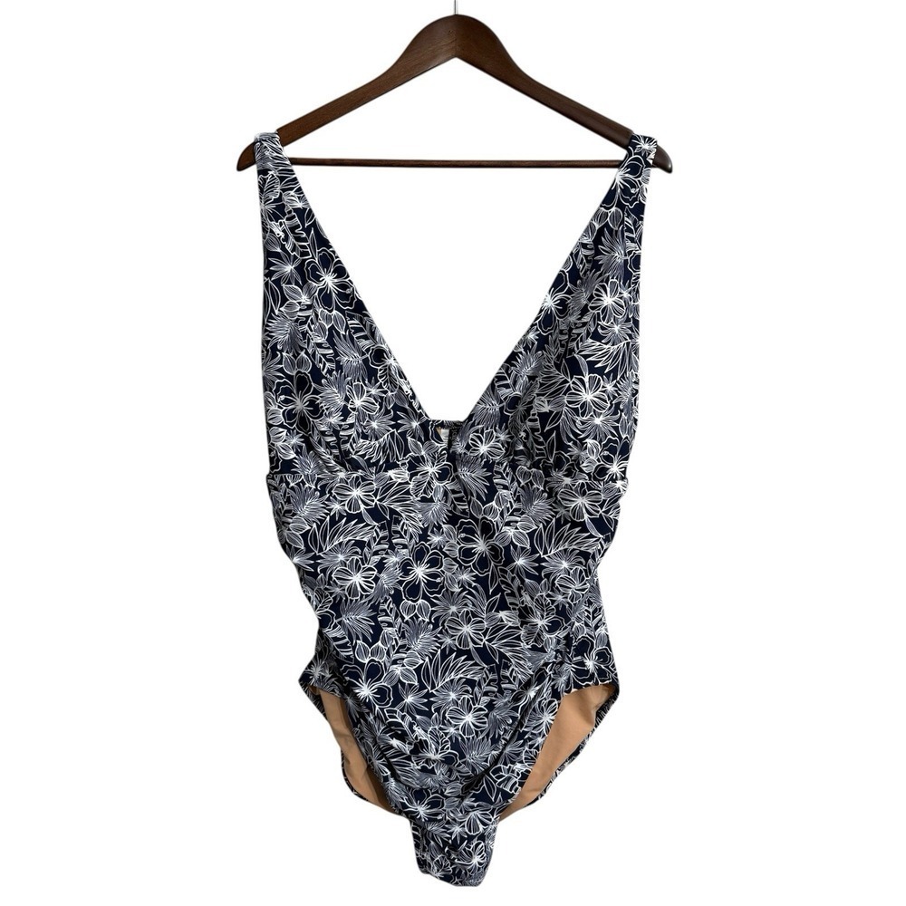 J Crew one piece swimsuit‎ women's 2X blue floral v-neck ruched beach tropical
